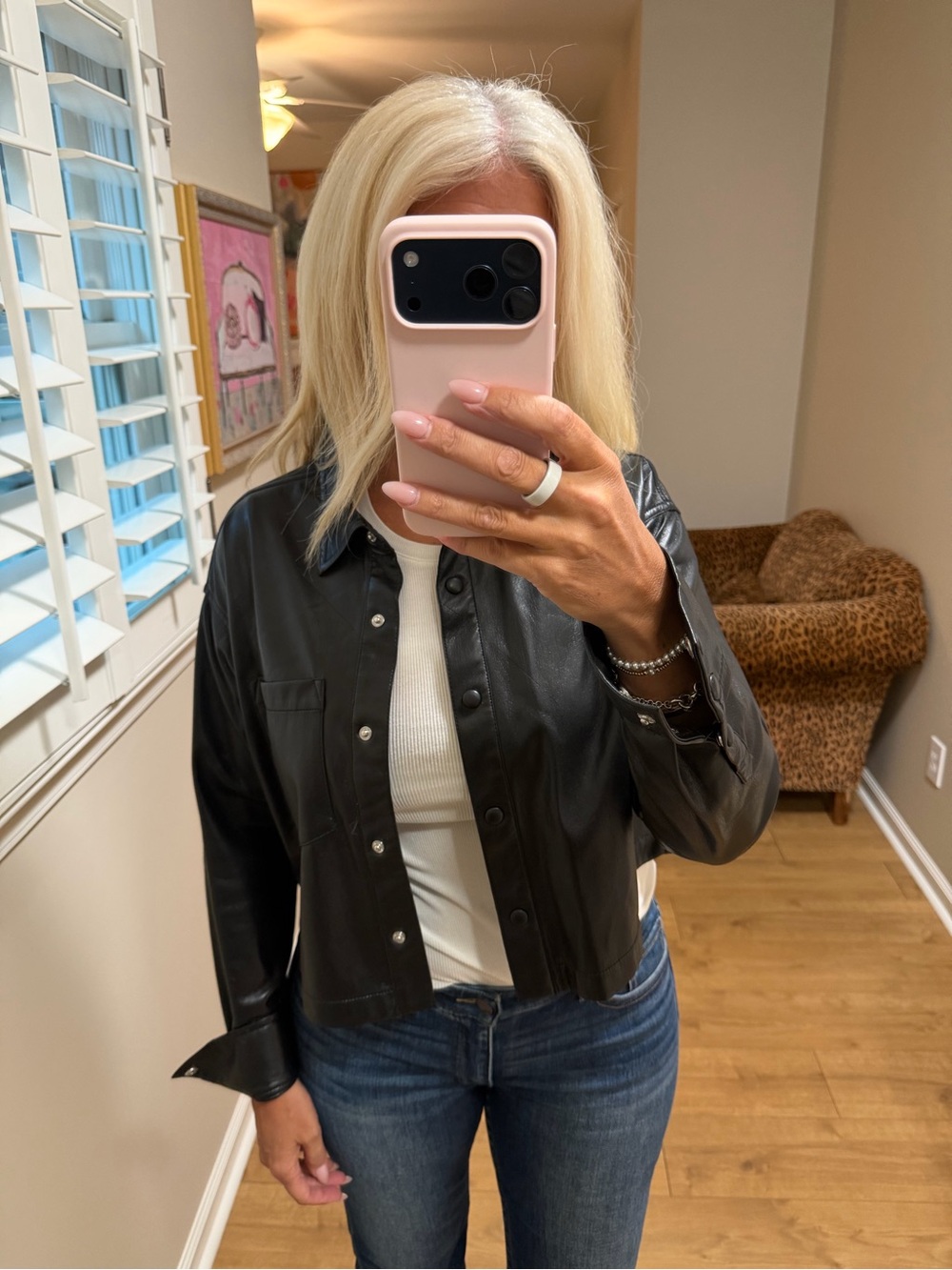 Good American Black Faux Leather Snap-Front Shirt Jacket